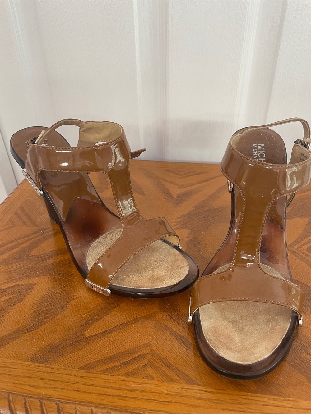 Michael Kors Cognac Patent Leather T-Strap Heels